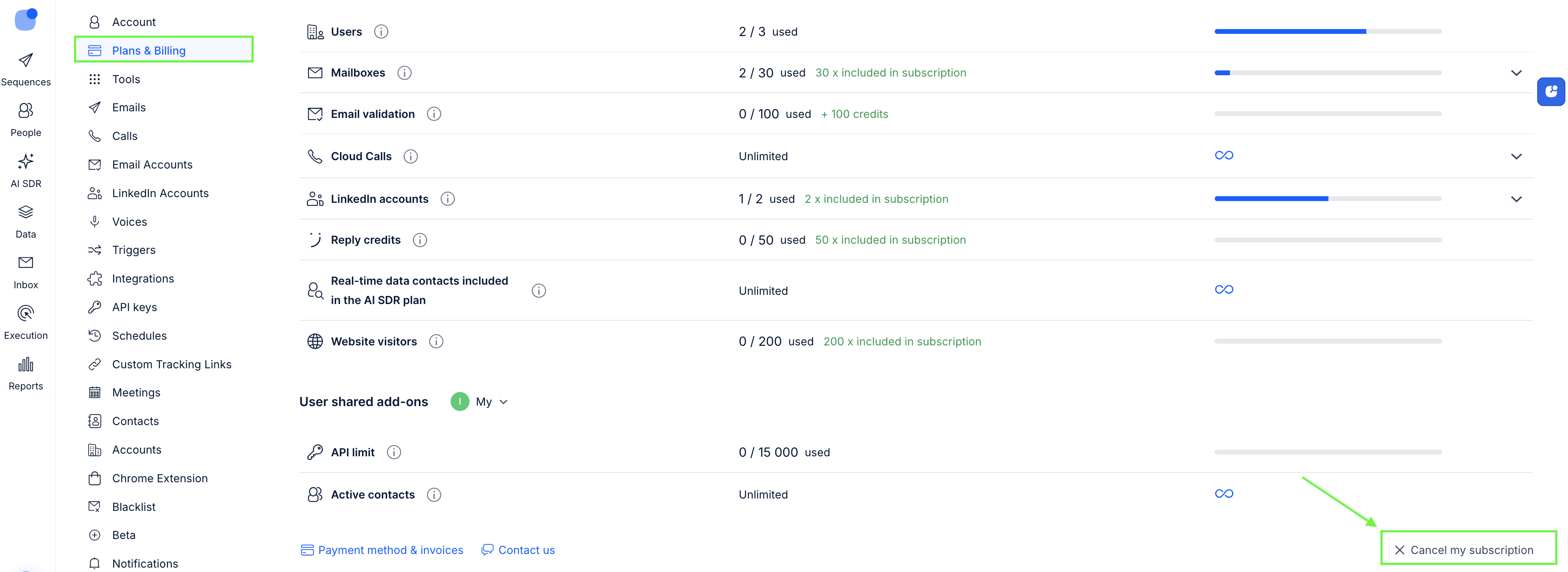 Reply.io Plans & Billing page scrolled to the bottom with the Cancel my subscription button highlighted