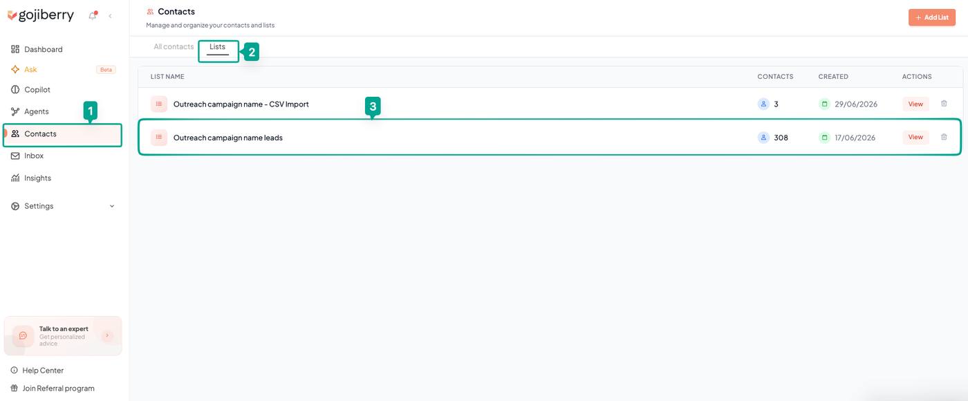 Gojiberry Contacts page on the Lists tab with a campaign list highlighted