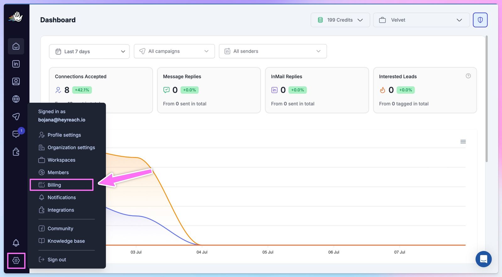 HeyReach dashboard with the bottom-left Settings menu open and Billing highlighted