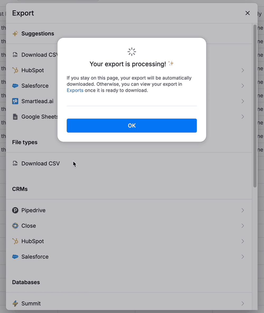 Clay Export modal with Download CSV selected and the export processing dialog