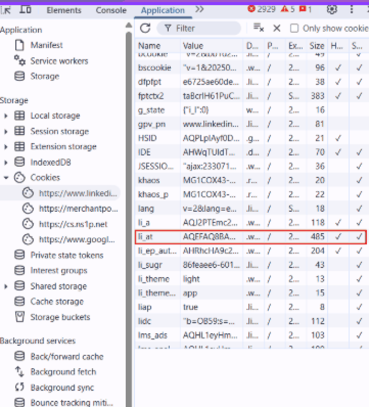 Chrome DevTools Application panel with Cookies open on the LinkedIn origin and the li_at row highlighted