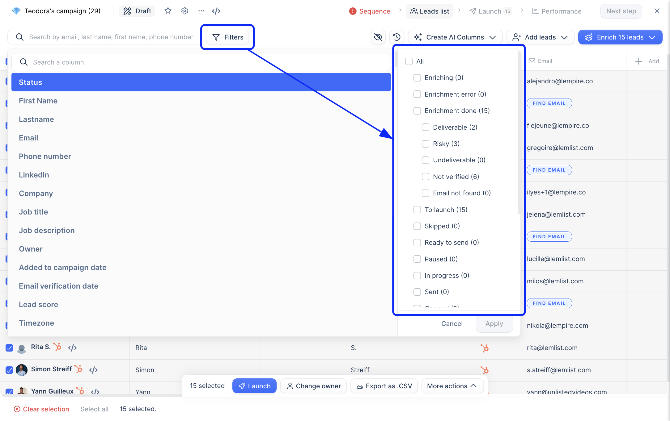 Lemlist Lead list tab with all leads selected and the Export as .CSV bulk action visible