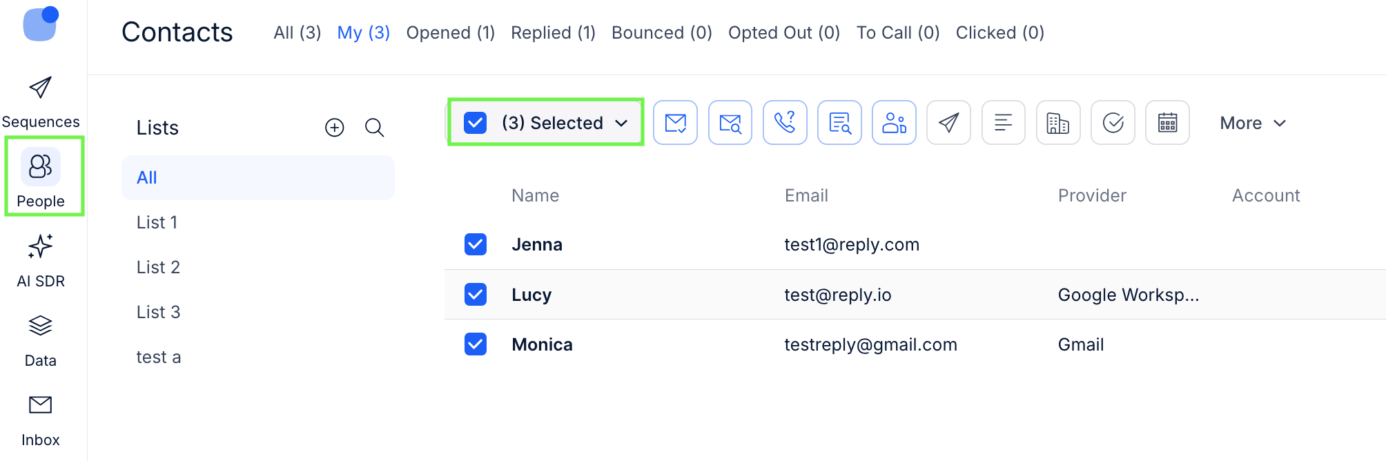 Reply.io People page with all contacts selected and the bulk action toolbar visible