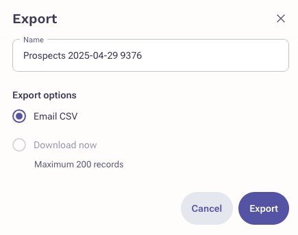 Outreach Export window with Email CSV selected and Download now limited to 200 records
