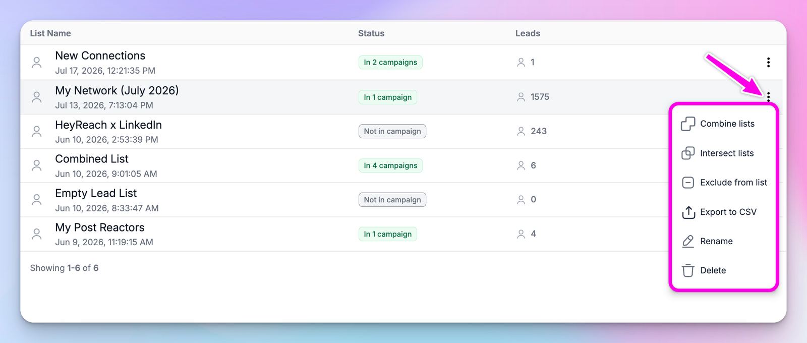 HeyReach Leads screen with the three-dot list menu open and Export to CSV visible
