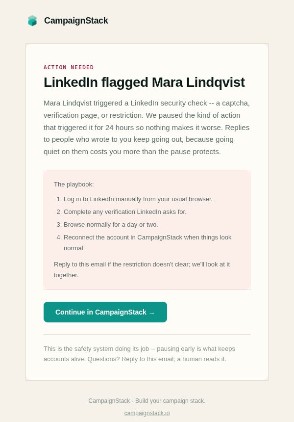 The email sent after a LinkedIn security check: what happened, that the triggering kind of action is paused for 24 hours while replies keep going, and a four-step playbook for the account owner