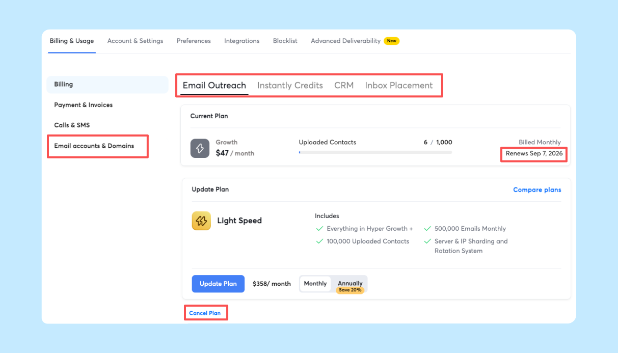 Instantly Billing page, Email Outreach tab, with the Cancel Plan button at the bottom and the Renews on date highlighted