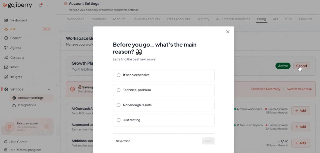 Gojiberry cancellation dialog asking for the main reason before you go
