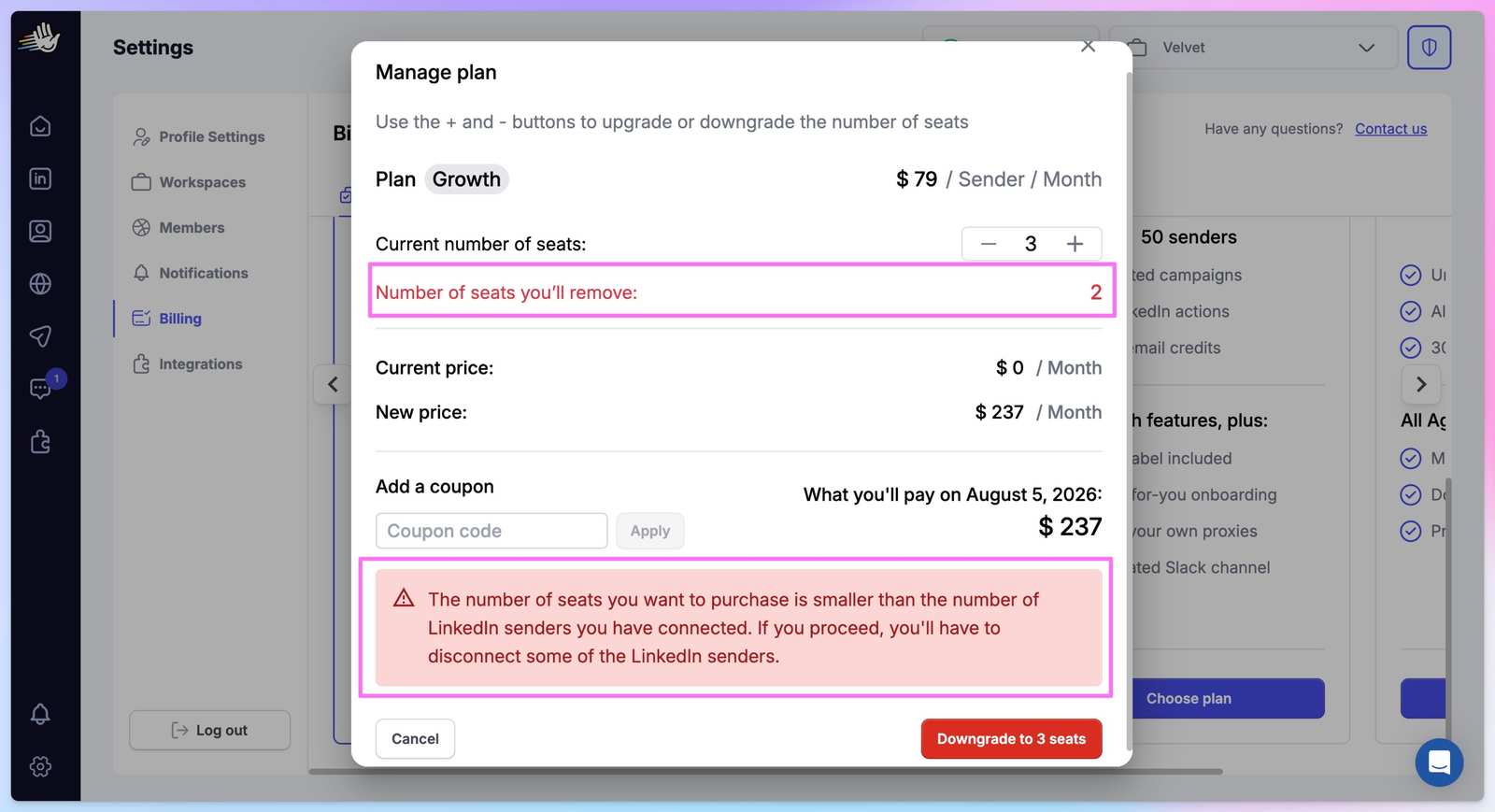HeyReach Manage plan modal warning that downgrading seats requires disconnecting LinkedIn senders