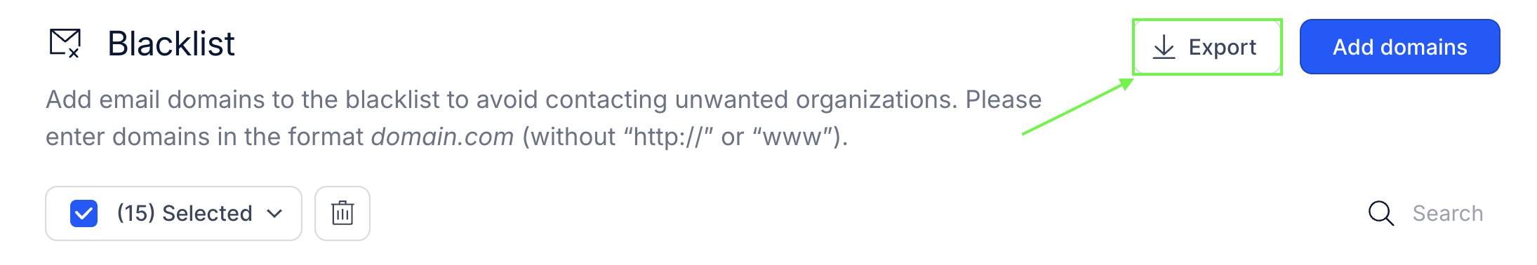 Reply.io Blacklist settings page with the Export button highlighted