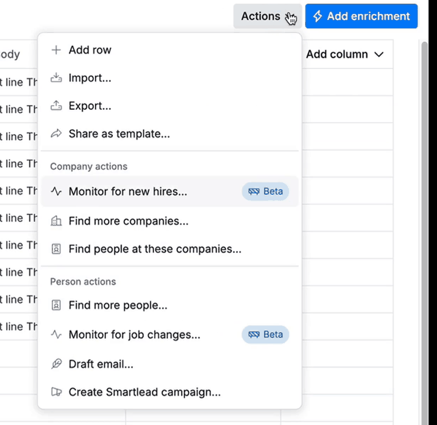 Clay table Actions menu open with the Export entry