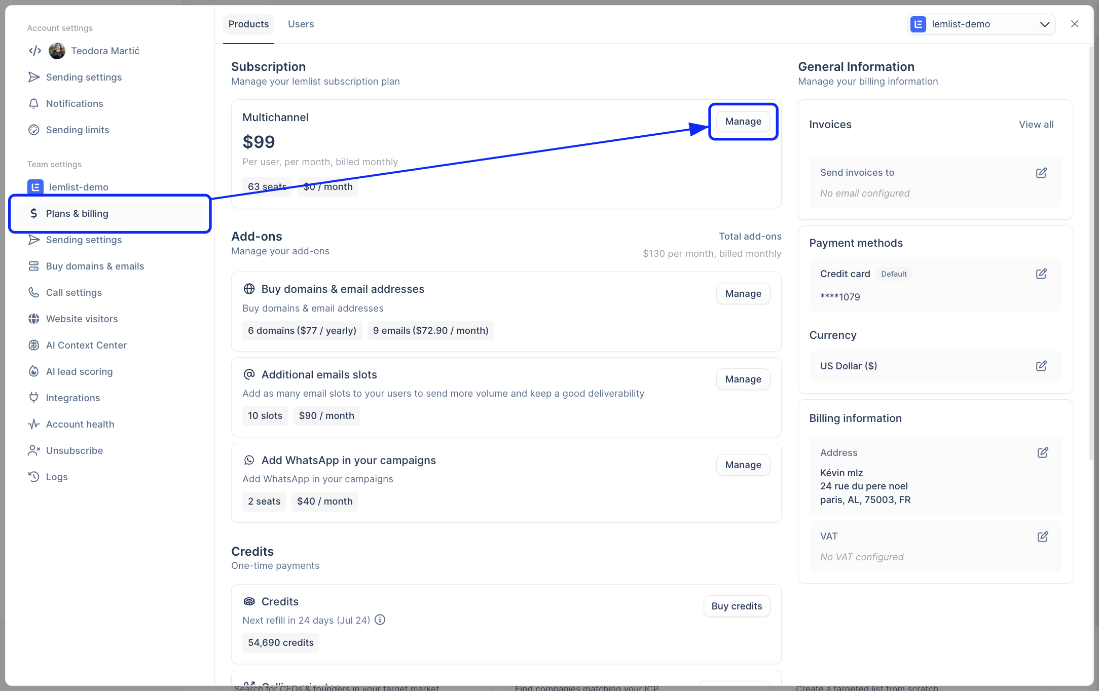 Lemlist Plans and billing page with the Manage button highlighted on the current plan