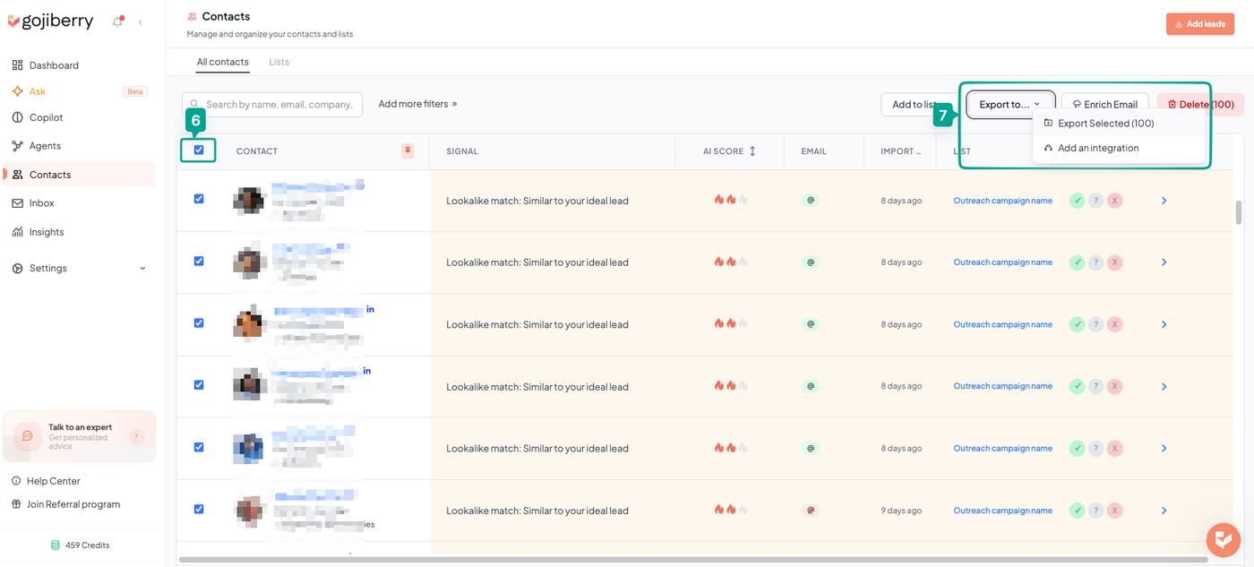 Gojiberry Contacts page with every contact selected and the Export menu open on Export Selected