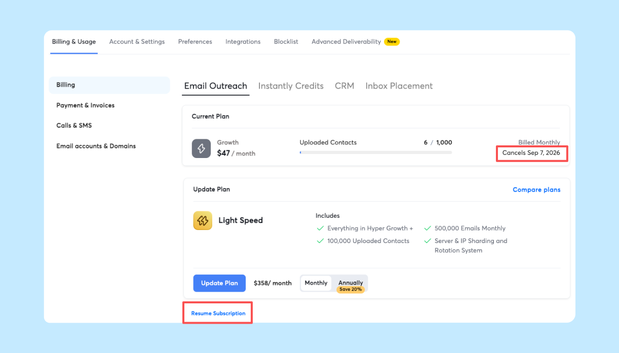 Instantly Billing page after canceling, showing Cancels on date and the Resume Subscription button