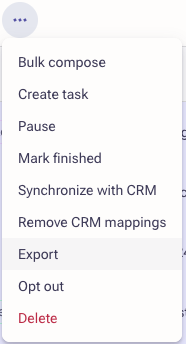 Outreach Prospects More Actions menu open with Export listed above Opt out