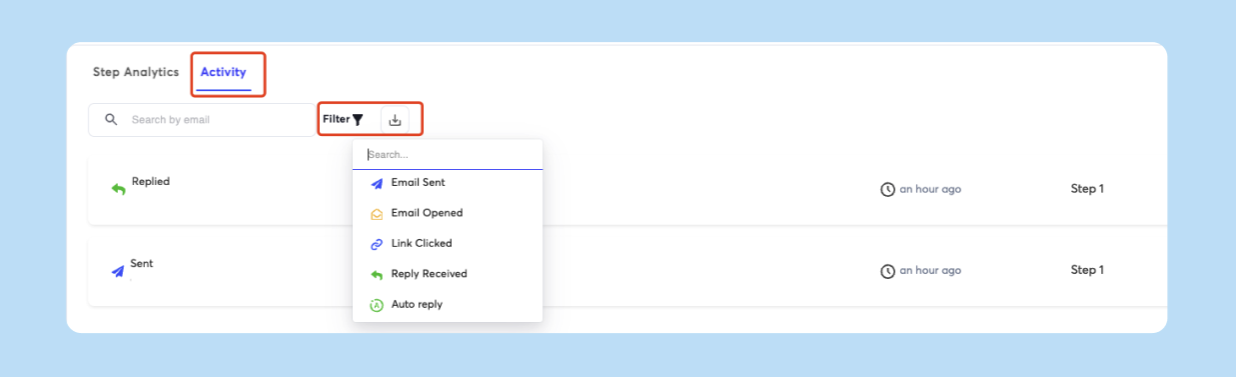 Instantly campaign Analytics Activity section with the download icon next to the Filter button