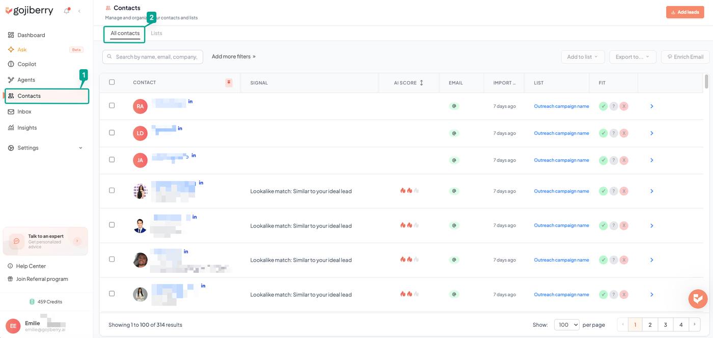 Gojiberry Contacts page on the All contacts tab