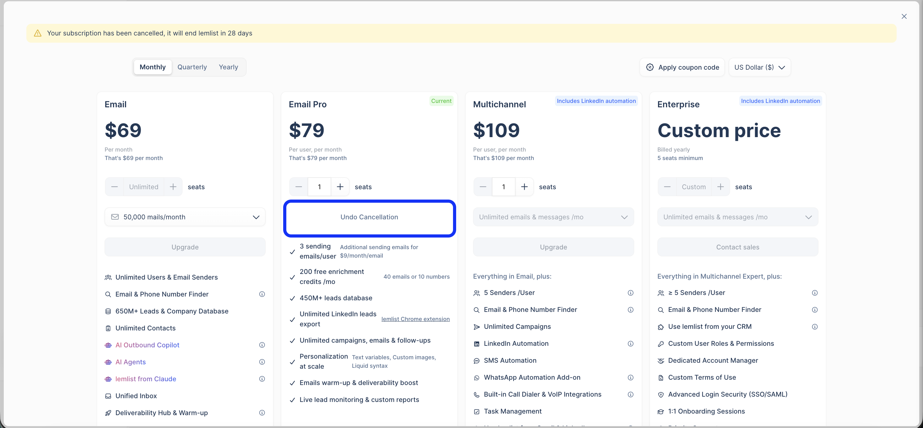 Lemlist confirmation banner showing the subscription has been cancelled with the Undo Cancellation button