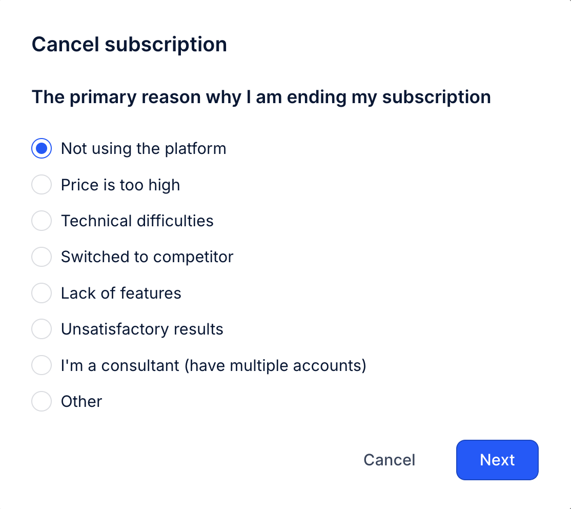 Reply.io Cancel subscription dialog asking for the primary reason for ending the subscription