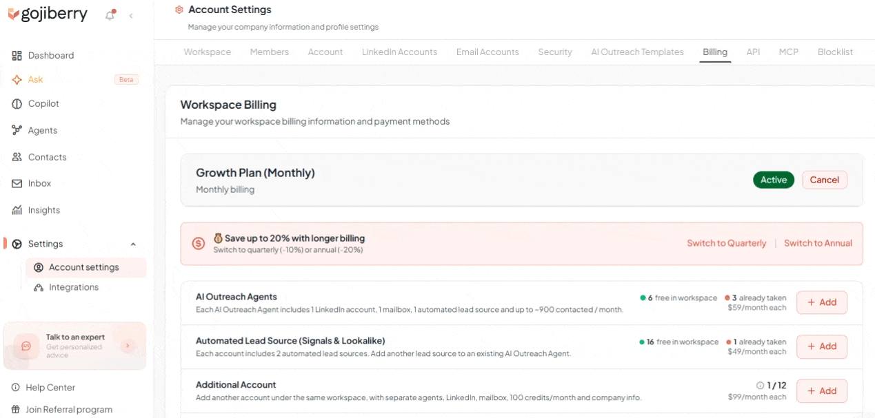 Gojiberry Account Settings on the Billing tab with the plan card and the Cancel button
