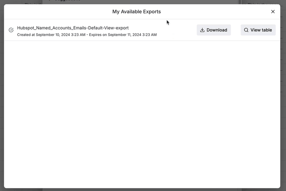 Clay My Available Exports dialog listing a finished export with its expiry time and a Download button