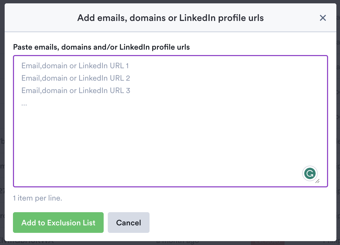 Overloop dialog for adding emails, domains or LinkedIn profile URLs to the exclusion list