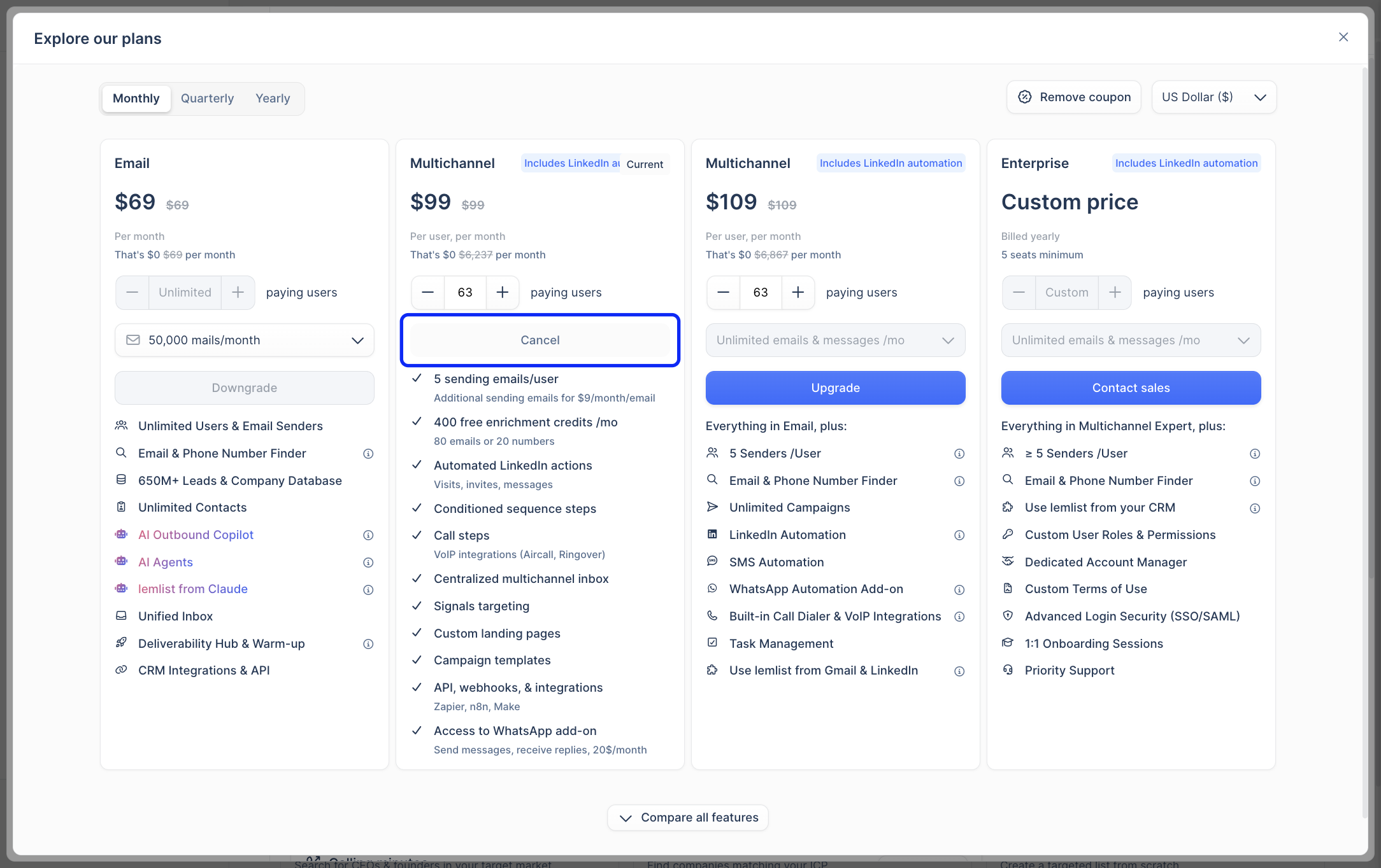 Lemlist plans modal with the Cancel button highlighted on the current plan