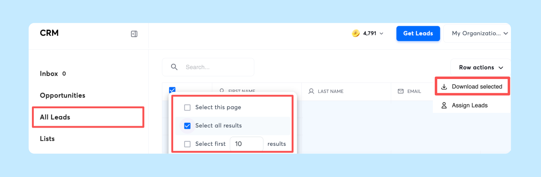 Instantly CRM All Leads view with Select all results and the Row actions menu showing Download selected