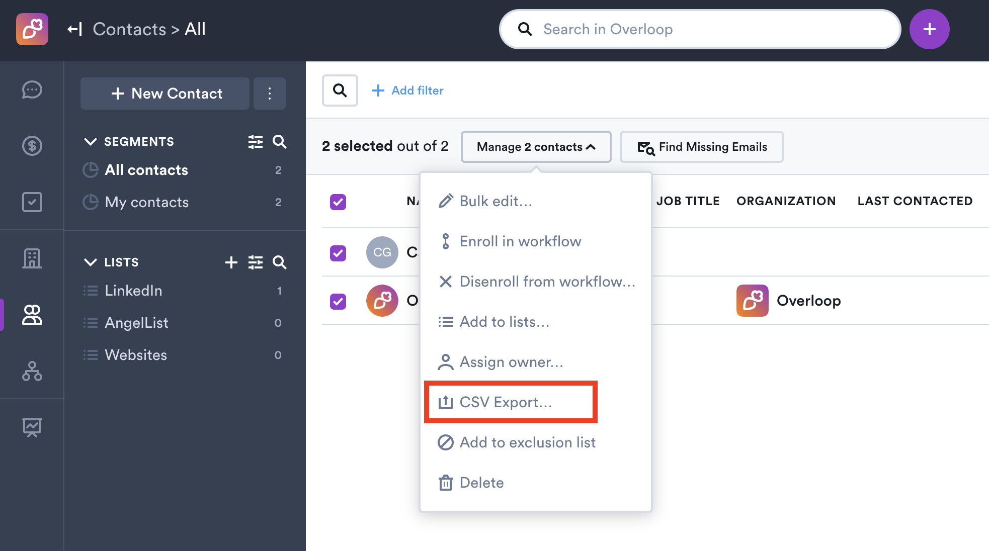 Overloop Prospects page with contacts selected and the CSV Export option highlighted in the Manage contacts menu