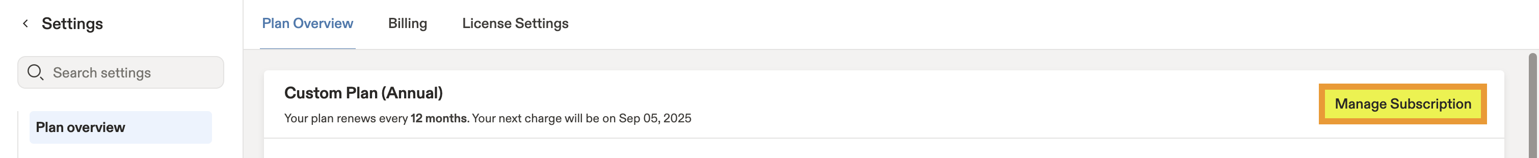 Apollo Plan overview header with the plan name, renewal date and the Manage Subscription button