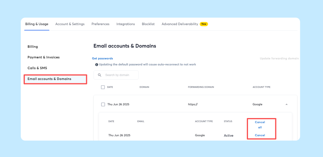 Instantly Email accounts and Domains section with the Cancel and Cancel all links for purchased inboxes