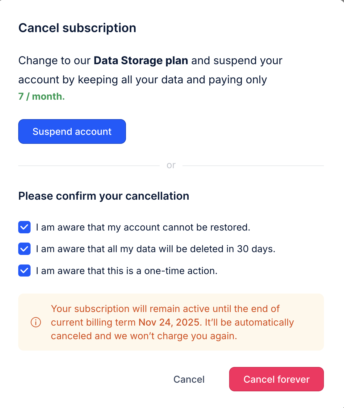 Reply.io final cancellation dialog with the Suspend account option on the Data Storage plan, three confirmation checkboxes and the Cancel forever button