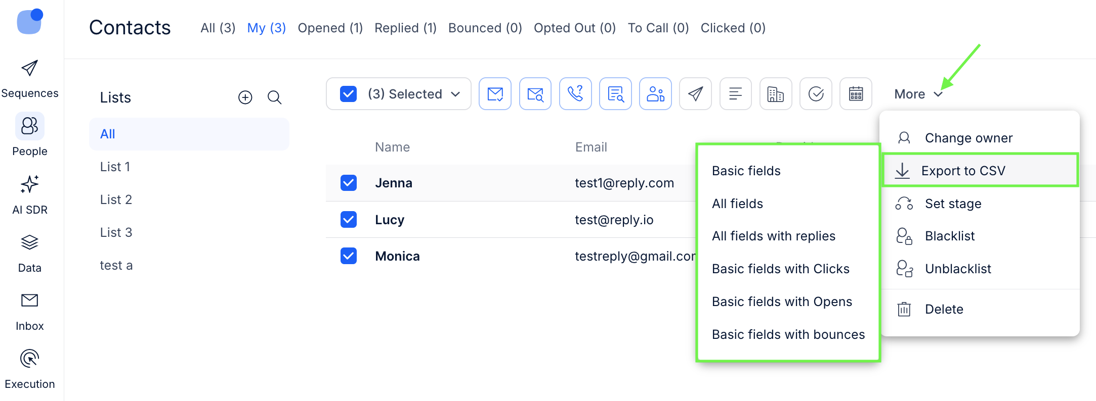 Reply.io Export to CSV menu showing the export types: Basic fields, All fields, All fields with replies, and the clicks, opens and bounces variants