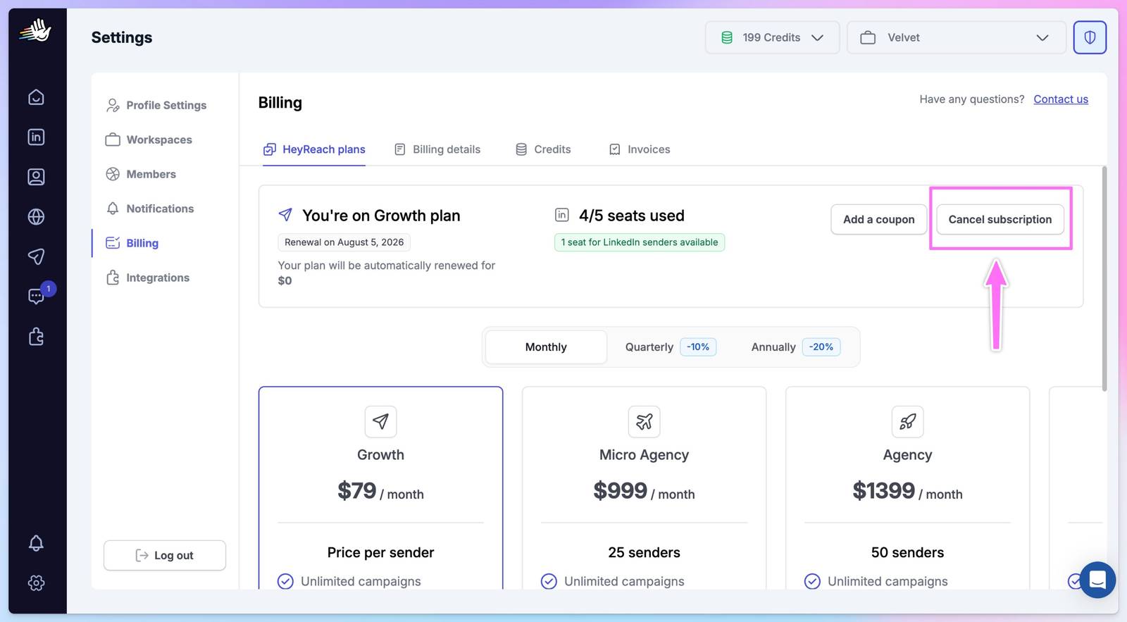 HeyReach Billing page on the HeyReach plans tab with the Cancel subscription button highlighted