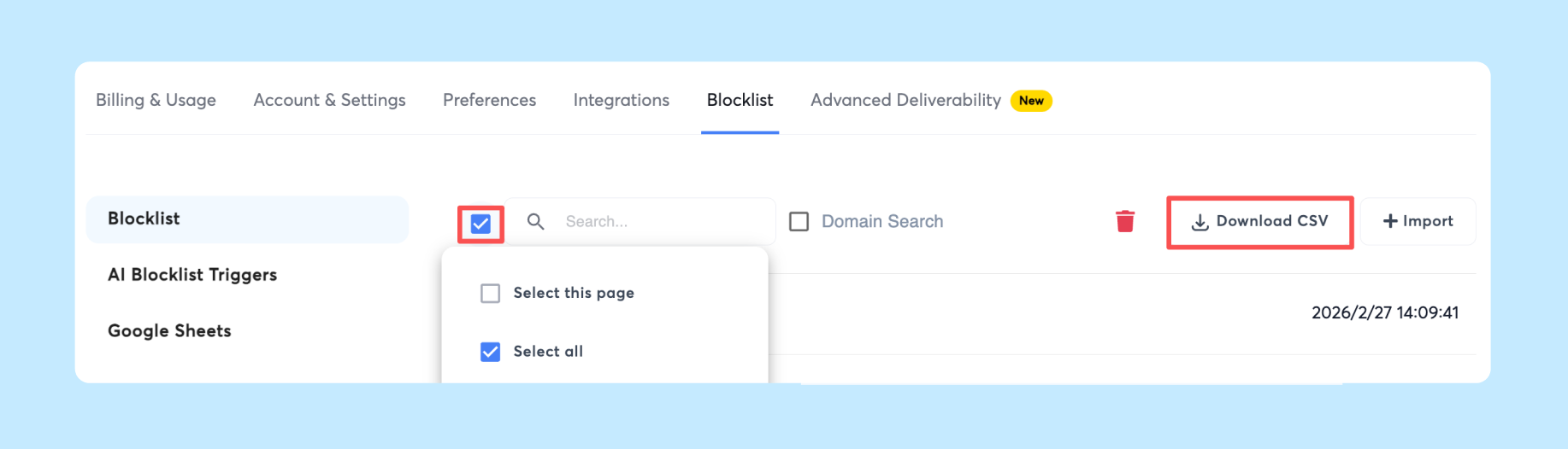 Instantly Blocklist settings tab with Select all and the Download CSV button