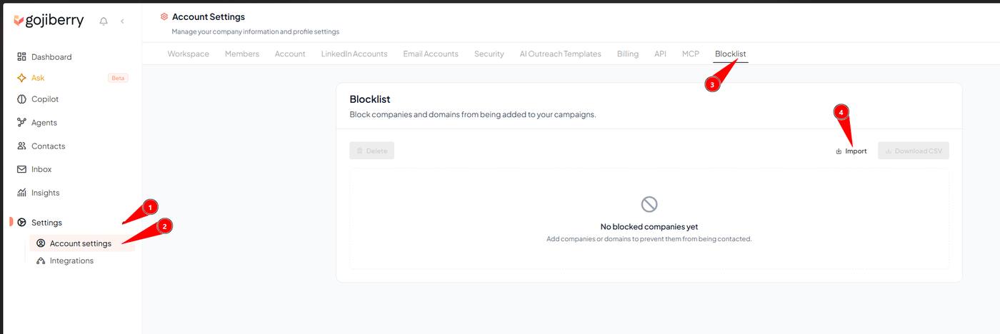 Gojiberry Account Settings Blocklist tab with the Import and Download CSV buttons