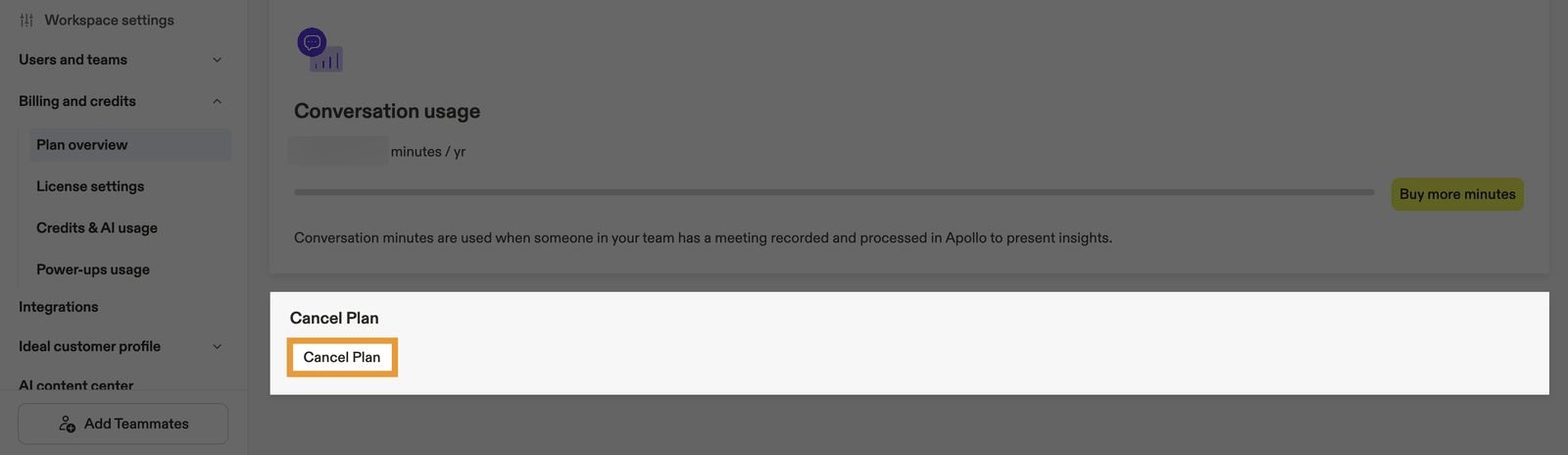 Bottom of the Apollo Plan overview page with the Cancel Plan button highlighted
