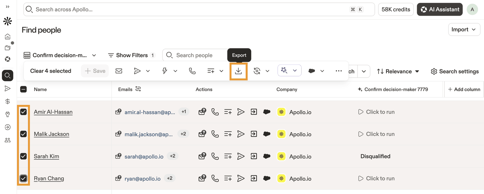 Apollo People search with four contacts selected and the Export icon highlighted in the bulk-action bar