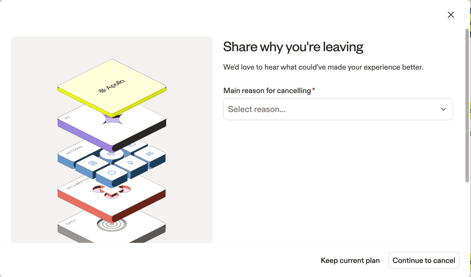 Apollo cancellation pop-up asking why you are leaving, with Keep current plan and Continue to cancel buttons